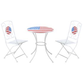 3-Piece Bistro Set with American Flag Mosaic Folding Chairs & Coffee Table for Garden Balcony White