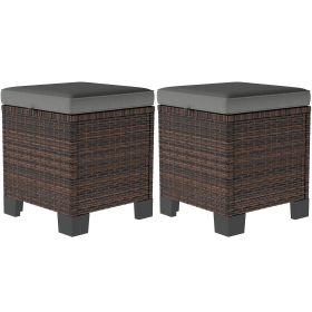 2 Pieces Wicker Outdoor Ottomans with Cushions, Rattan Ottoman Footrest & Side Table for Patio Yard Poolside, Gray