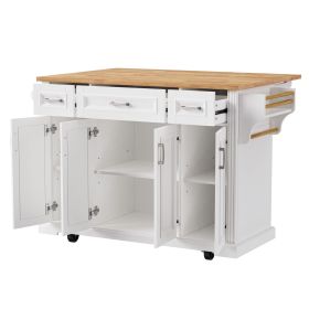 K&K 54inch Large Kitchen Island with Rubber Wood Drop Leaf, Embossed Texture Rolling Kitchen Cart on 4 Wheels with 4 Doors and 3 Drawers