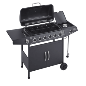 6 Burner BBQ Propane Gas Grill with Side Burner 59000 BTU Output Stainless Steel Barbecue Grill with Enamel-Coated Grates and Side Tables for Out