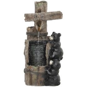 22.8" Water Fountain, 3-Tier Resin Bears on Log Outdoor Waterfall Fountain with LED Lights, Pump