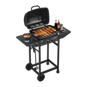 2 Burner BBQ Propane Gas Grill with Side Burner 24000 BTU Output Stainless Steel Barbecue Grill with Enameled Grates and Side Tables for Outdoor